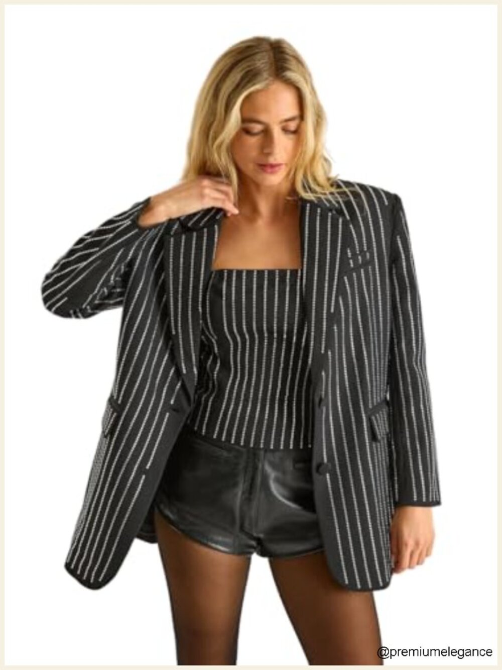 Diamante Pinstripe Oversized Blazer Single Button Notch Collar Long Sleeve